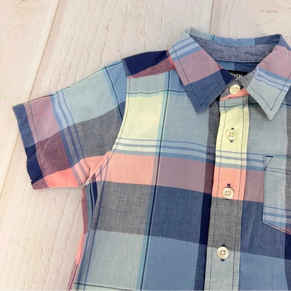 OshKosh Toddler Boy 3T Plaid‎ Button Up Shirt Blue Pink Short Sleeve